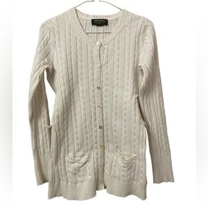 EDDIE BAUER white cable knit cardigan sweater butting front Medium